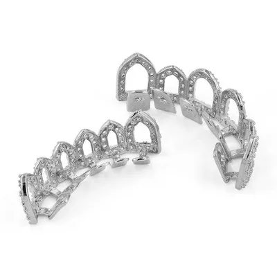  New Bling Gold Color Plated 6 Opened Teeth Grills Costume Hollow Dracula Fangs Set Micro Pave CZ Stones Top Bottom