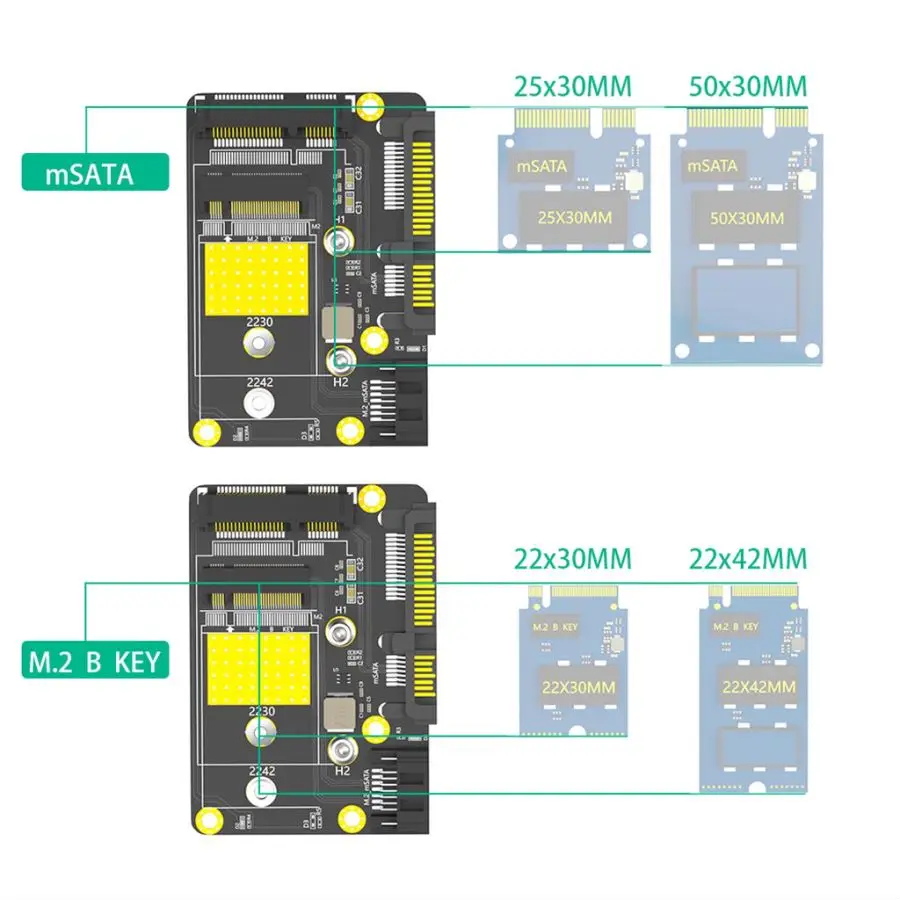 2-in-1 MSATA-M.2 SSD to Dual Port SATA3 Adapter Supports M.2 2230/2242 SSD with SATA Cable