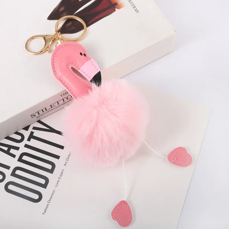 Wholesale Pom ball PU Leather Animal Flamingo Keychain Fur Ball Furry Puff Ball Keychain Hanged Accessory