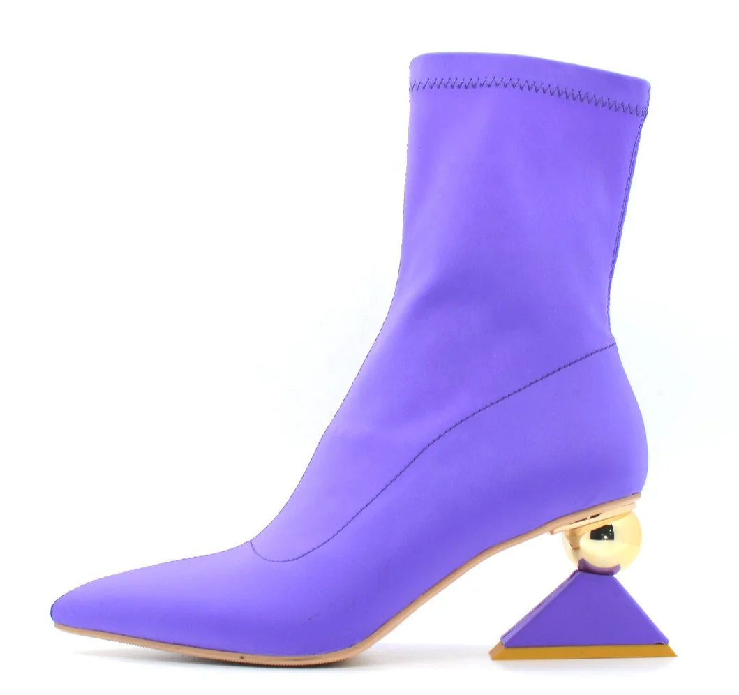 
stretch fabrics high heel special heels purple color customize ankle boots for women and ladies 