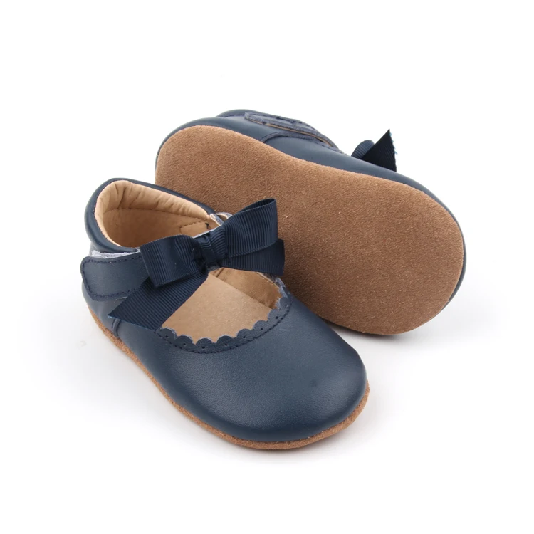 BEIBEINOYA Bowknot Hook And Loop Navy Blue Leather Sizes 2 To 5 Soft Sole First Walker Shoe Baby Dress Shoes For Girls