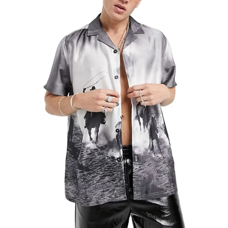 Wholesale custom men western print collar short sleeve button up relaxed fit shirts