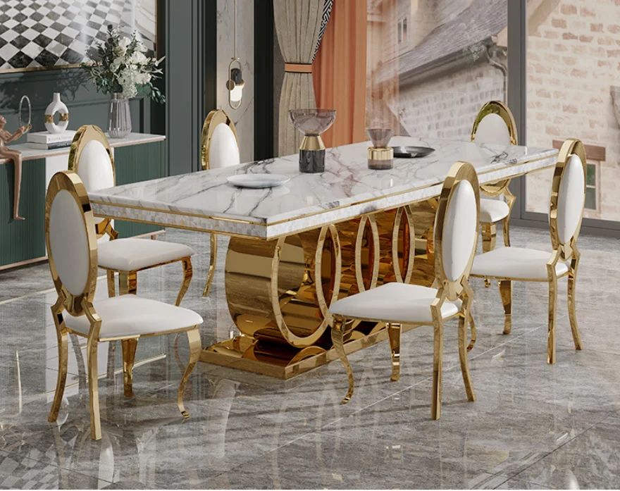 Подходящий для вечеринки мраморный верх или стеклянный верх латунный золотой обеденный стол из нержавеющей стали с стулом набор мебели для столовой