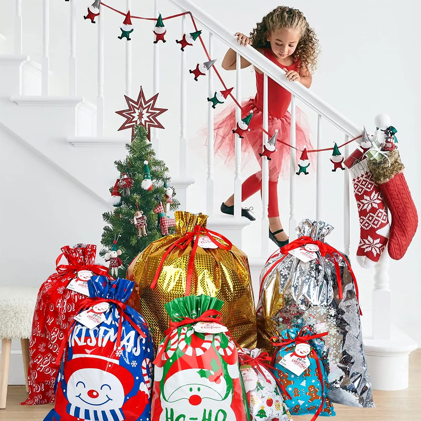 Xmas Presents Party Favor Foil Holiday Drawstring Wrapping Sacks Pouches Christmas Gift Bag