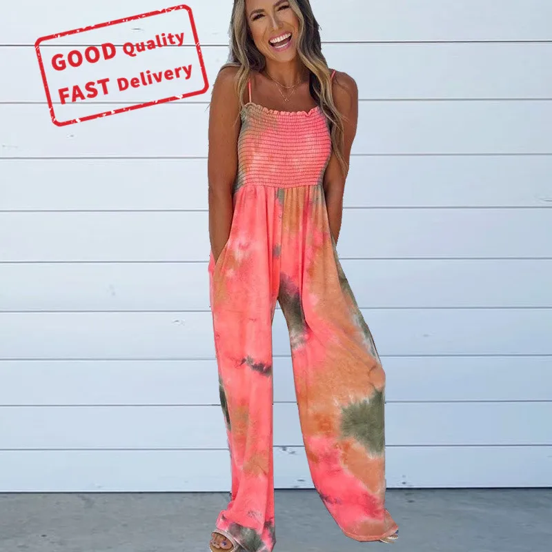 
GQ8075 tie dyed suspender jumpsuit summer flare bottom jumpsuit 