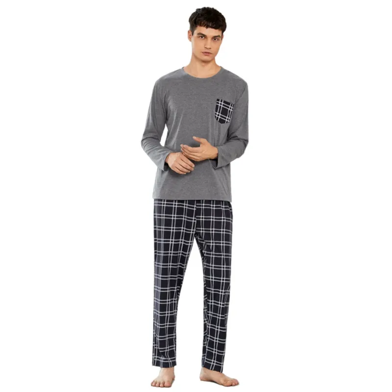 Wholesale  Loungewear Plaid Pants And Solid Tops Pajama Sets Knit Breathable Pyjama Cotton Men Pjs