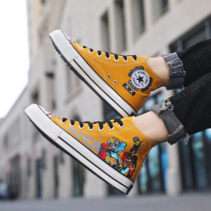 2021 new hot-selling high-top canvas shoes for men and women Korean version trend wild graffiti couple casual shoes