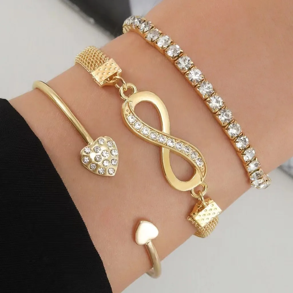 Fashion women silver gold diamond Love number 8 bracelet bangle set for women wholesale