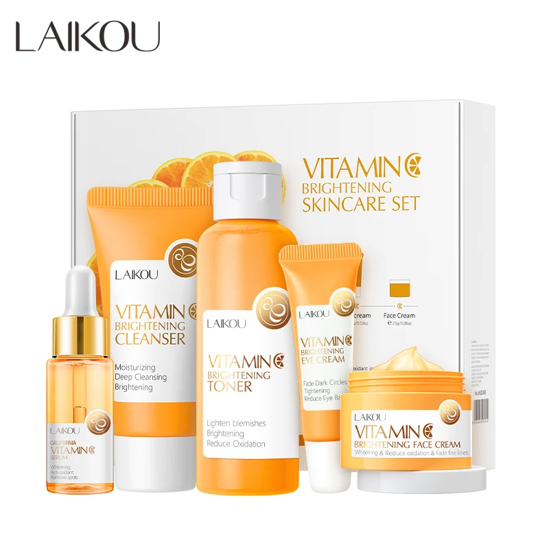 Laikou vitamin c brightening skin care set products with price for black women facial cleanser toner serum eye essence cream