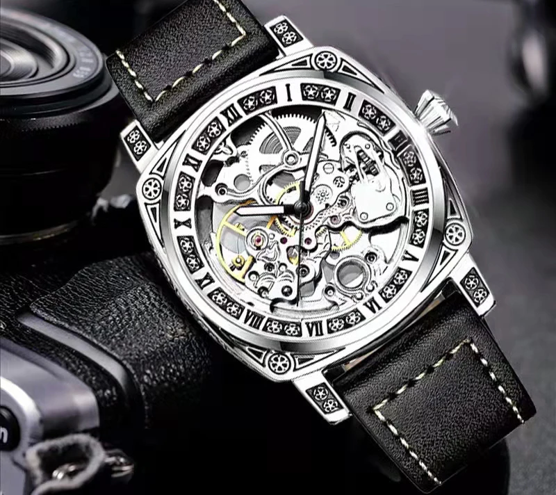 High Quality Fashion Black Quartz Watch Carved Hollow Full-Automatic Men Business Machinery Watches