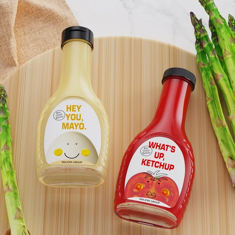 250ml 8oz New arrival Custom Glass Restaurant Containers Glass Salad Dressing Bottles for Food Service with Plastic Screw cap