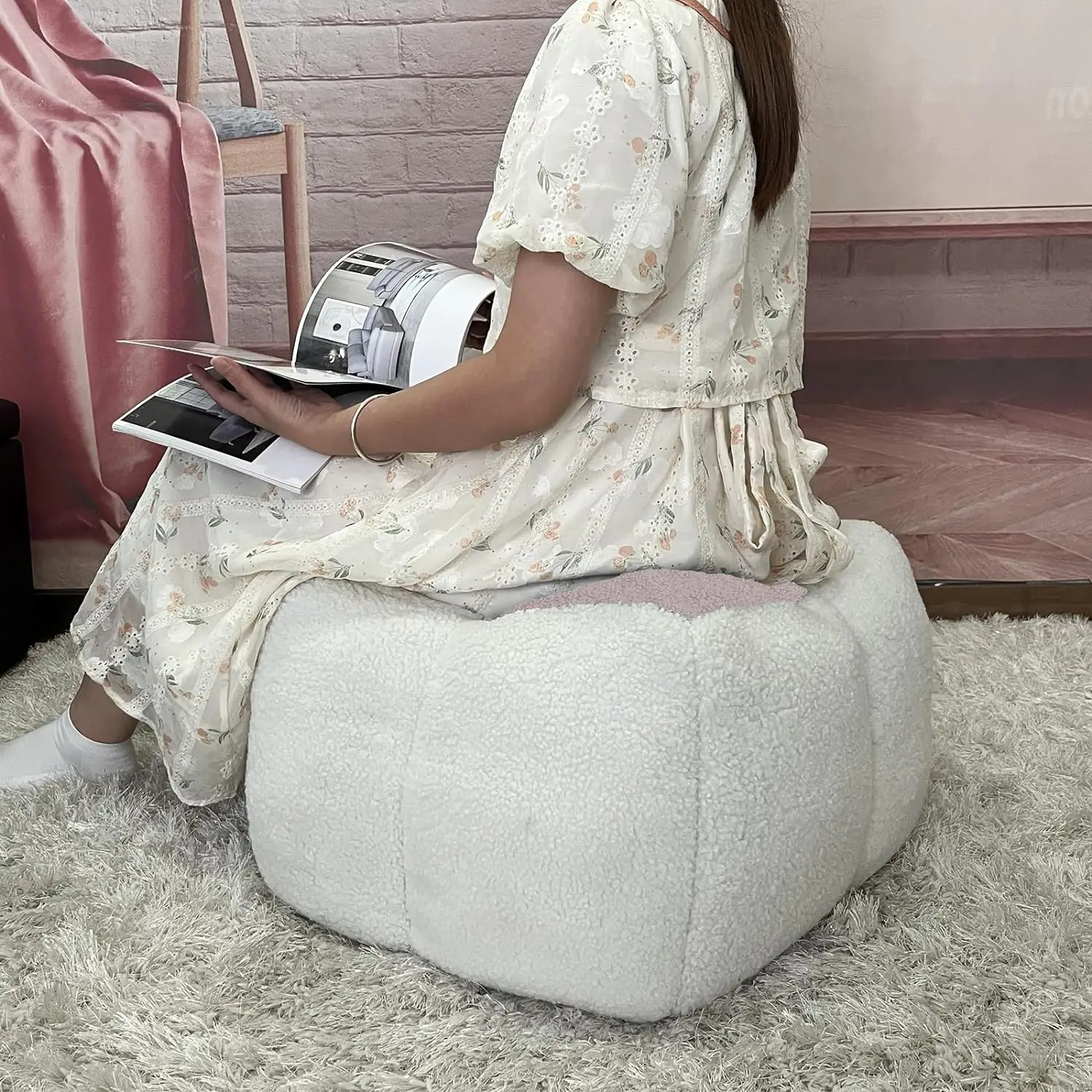 White Pink Stuffed Cube Ottoman Tidy Fabric Togo Floor Chair Squares Soft Compressed Bean Bag Sofa for Ladies to go sofa