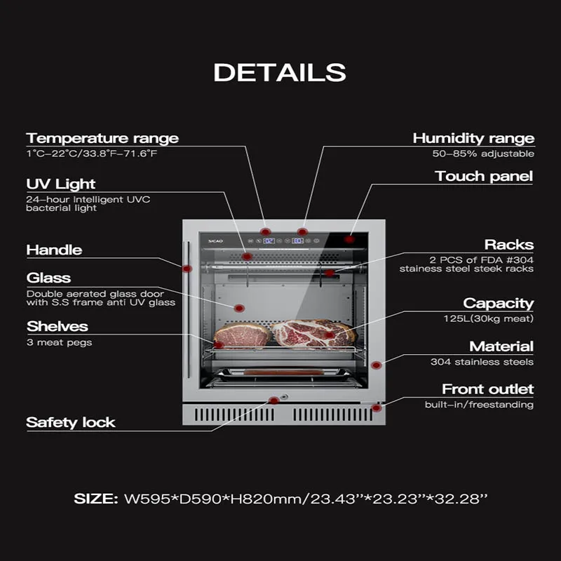 SICAO Gourmet Restaurant Supermarket Commercial Mini 154L 1-22°C  Meat Dry Ager Aged Aging Fridge Cabinet Refrigeration Machine