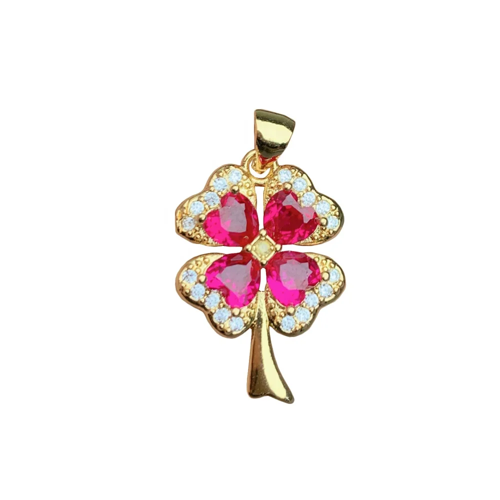 Wholesale Fashion Ruby Rhinestone Four Leaf Clover Pendants Charm Women For Jewelry Making DIY Necklace