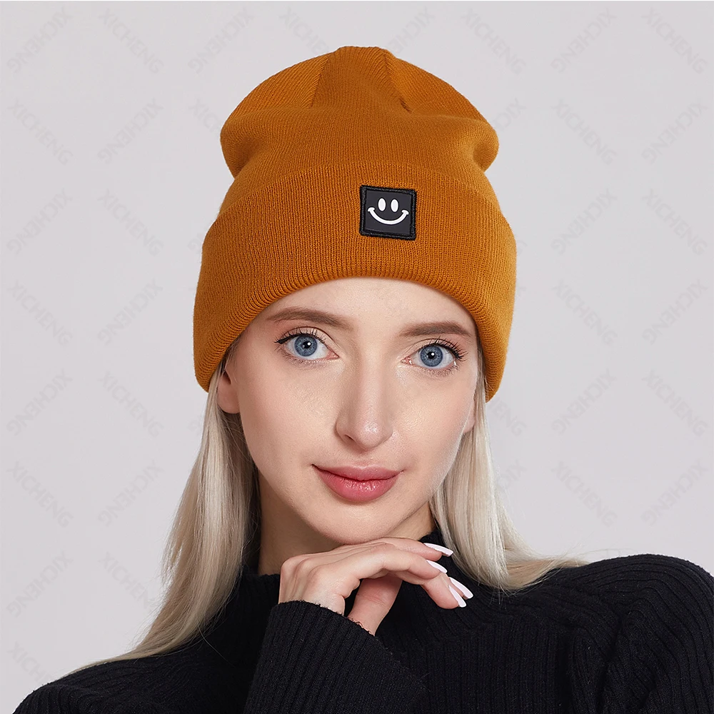 High Quality custom cartoon smile embroidery logo winter warm acrylic high elastic beanie knitted hat for men and women