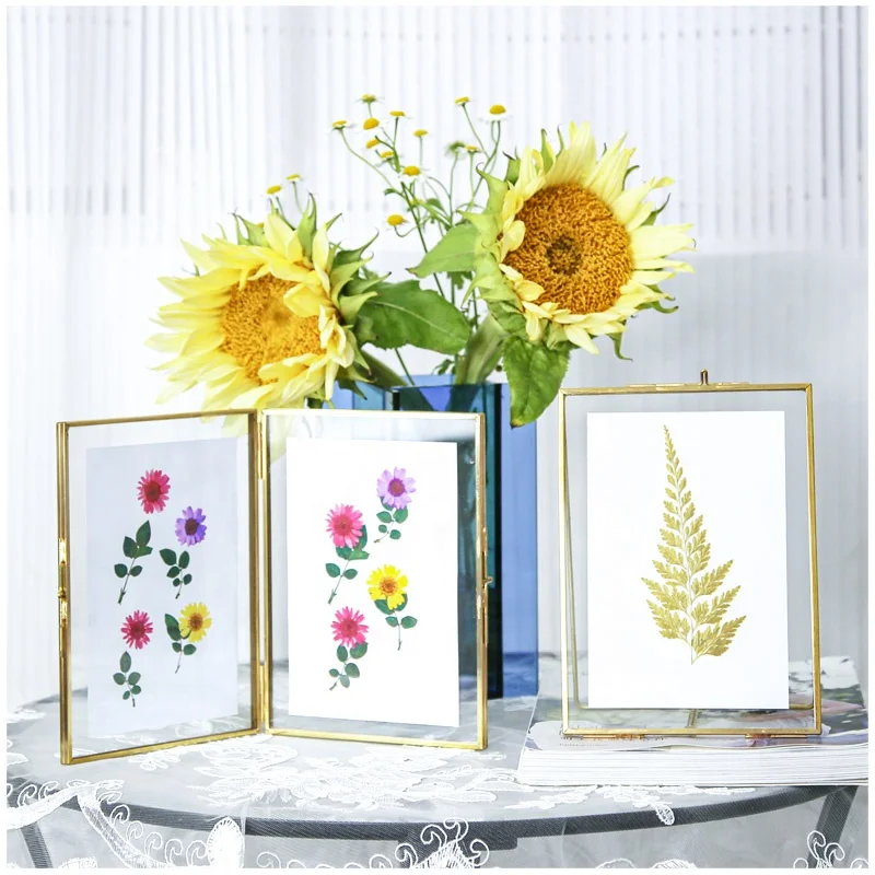 black Gold Metal Floating Wedding Double Sided Glass Picture Photo Frames Stand Tabletop Home Decorative Metal Photo Frame