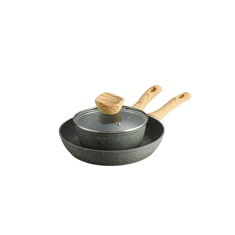 Cookware Set Frying Pan Set and Soup Pot Forged Aluminum Granite Marble Stone of Non Stick Metal Wood American Style Glass Cover