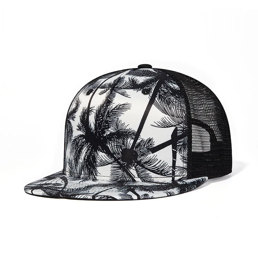 Palm Tree Print Black and White Two Tone Adjustable Summer Travel Mesh Snapback Cap