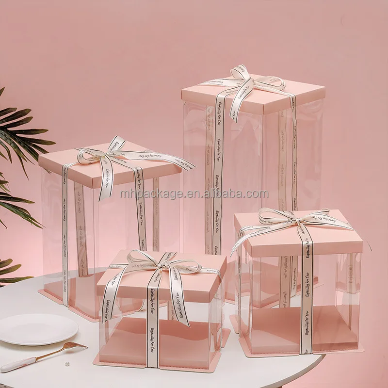 Square Pink Packaging Plastic Birthday Party 4 inch 6 inch 8 inch 10 inch 12 inch Clear Cake Boxes With Ribbon