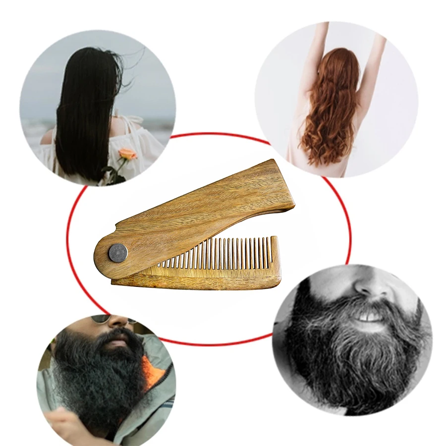 High quality wholesale 100% Natural Pear Peach wood comb wooden beard Hair Comb custom logo green sandalwood folding beard comb