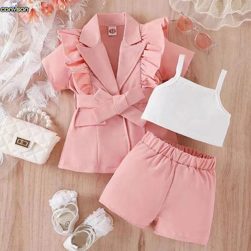 Конисон, модная корейская детская одежда из трех предметов, пиджак, оптовая продажа, однотонная короткая летняя одежда для девочек, комплект для детей