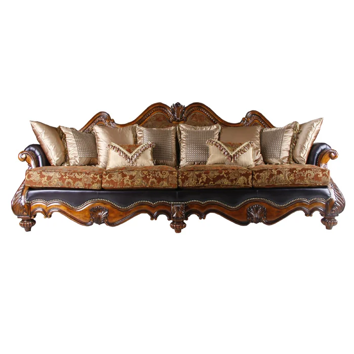 Hot Sale Shenzhen Antique Sofa Set Genuine Leather Carved Wooden Villa Hotel Living Room Sofas 7 Seater