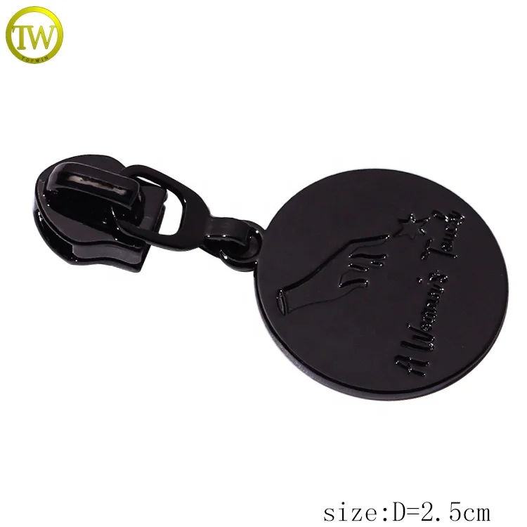 Custom made gunmetal zipper puller tape garment accessory round logo metal puller slider tags for leather crafts