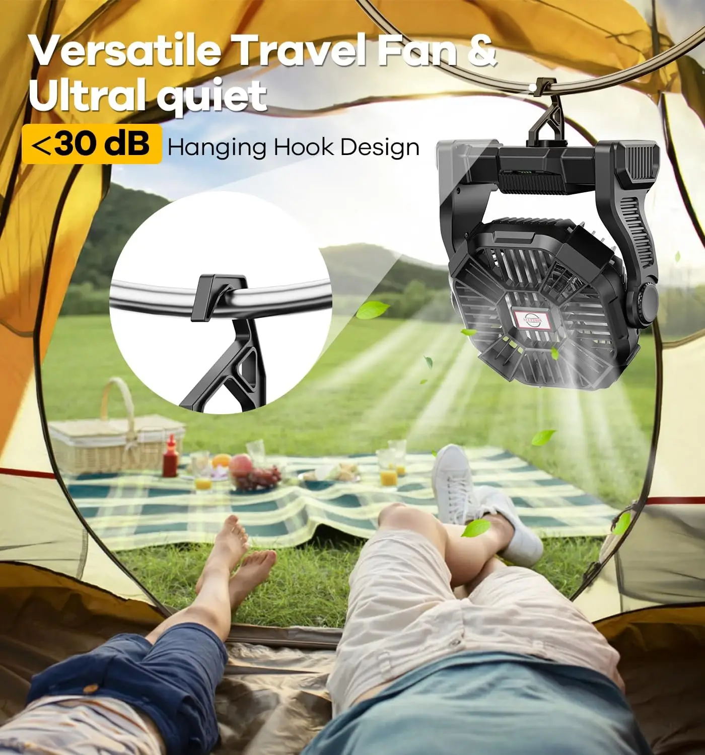 Portable Battery Operated Fan with LED Lantern Outdoor Small Rechargeable Personal Multifunction Floor Fan