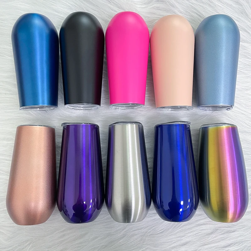 6oz 9oz 12oz Custom Logo Print Vacuum Insulated Wine Tumbler Mug Stainless Steel Powder Coated Stemless Wine Tumbler With Lid