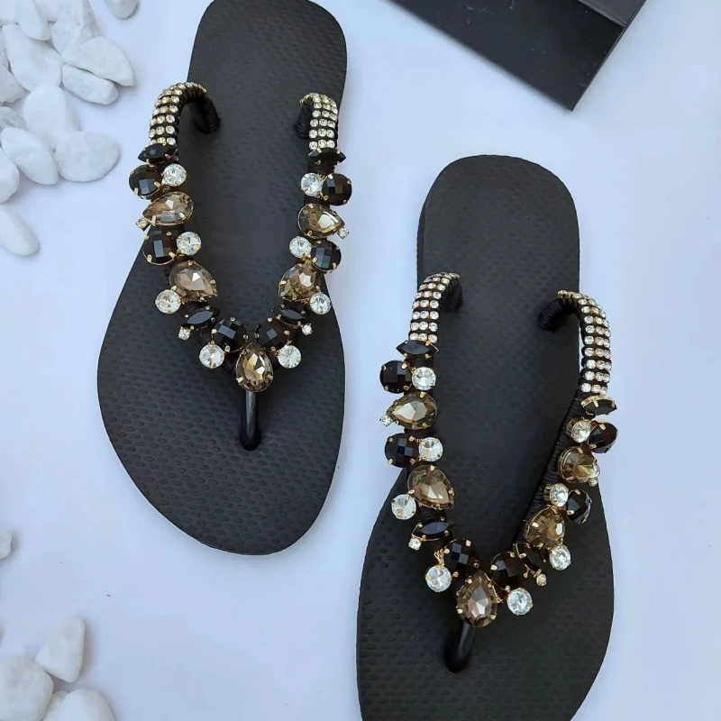 Classic Black Flip Flops Onyx Rhinestones Embellished Flip Flops Beaded Pearls Thong Slippers Wholesale