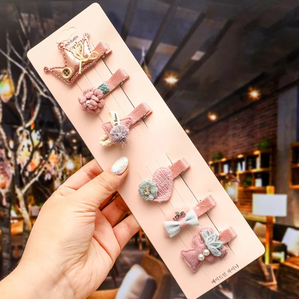 New Design Fashion Korean Lovely Kids Hair Accessories Set Fabric Hair Pins Set Cartoon Crown Cute Hair Clip for Girls Baby