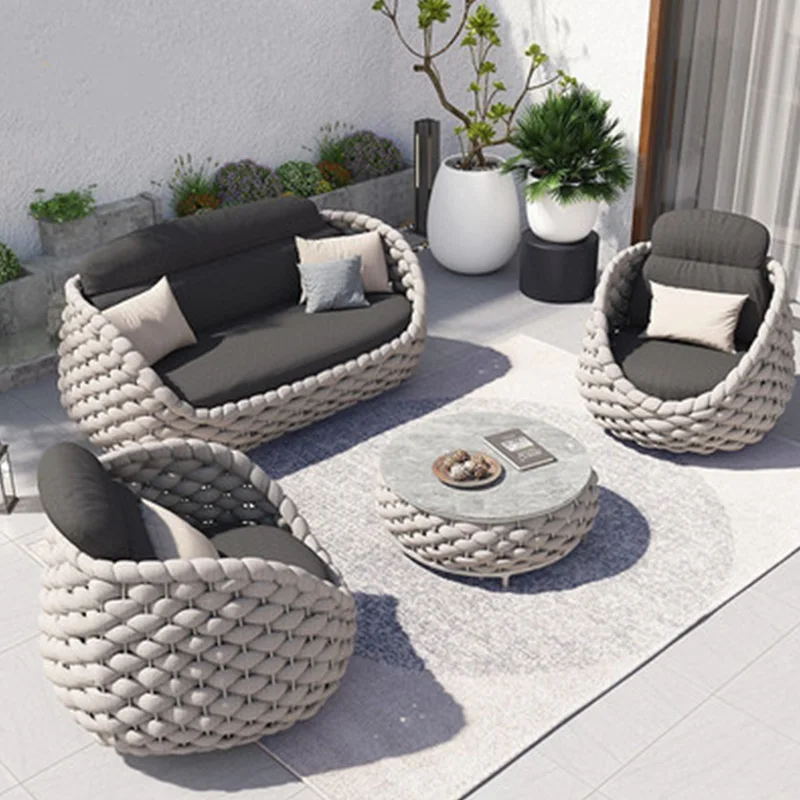 Modern Villa Wicker Rope Garden Set Outdoor Rattan Sofa Outdoor Patio Furniture Metal Garden Sofas Aluminum Garden Furniture