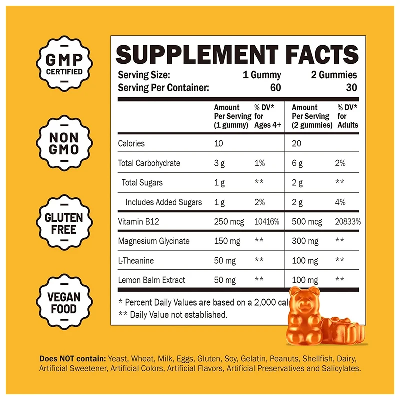 Private Label  Candy Calcium Magnesium 500mg  Sodium Vitamin Gummies Glycinate Calm Gummies Vitamin B12 Candy Manufacturing