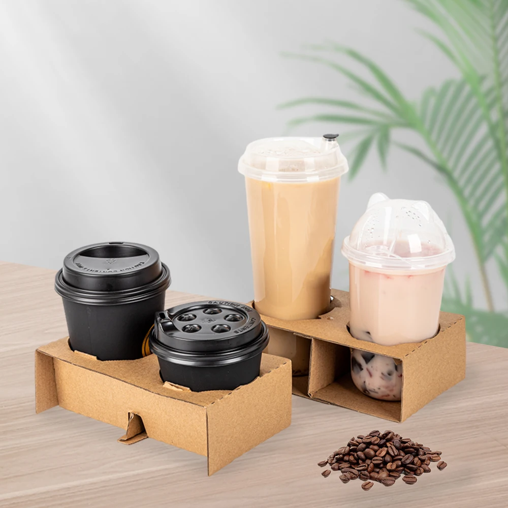 LOKYO custom cardboard beverage holder brown takeaway paper carrier tray disposable kraft paper cup holder