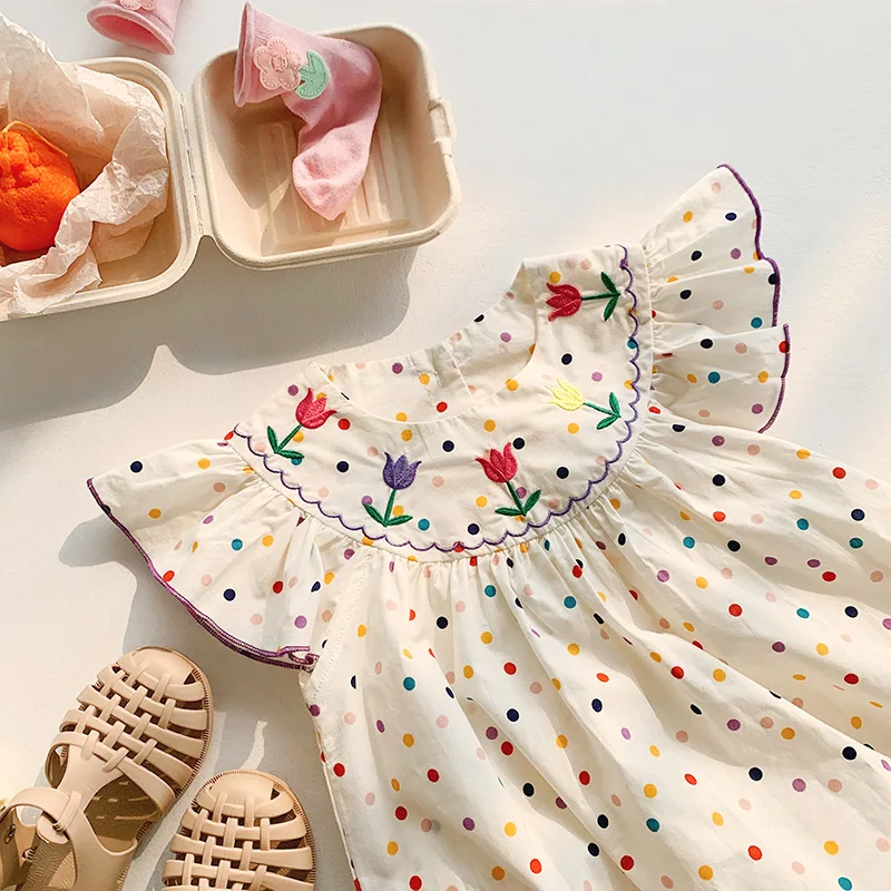 Girls Dress Summer New Colorful Polka Dot Tulip Embroidered Flying Sleeves Sweet Princess Dress