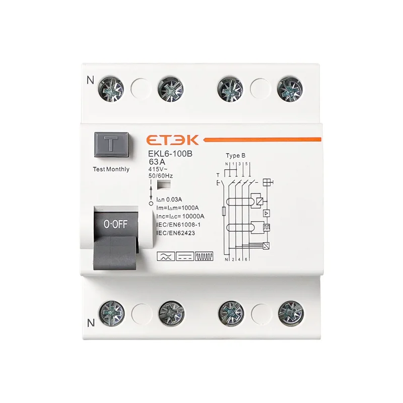 ETEK Type  B RCCB  2P 4P 30mA DC 30ma 100ma  rcd type b 300ma rccb circuit breaker rccb type b 4p 63a 300ma