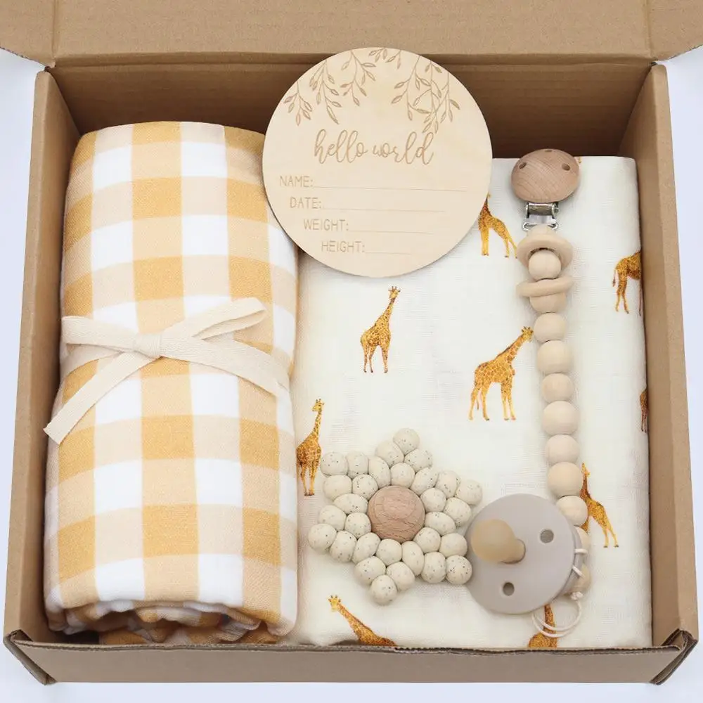 2023 100% GOTS Organic cotton Gingham  Giraffe set Newborn Muslin Wrap baby bed Bunny Muslin Swaddle blanket