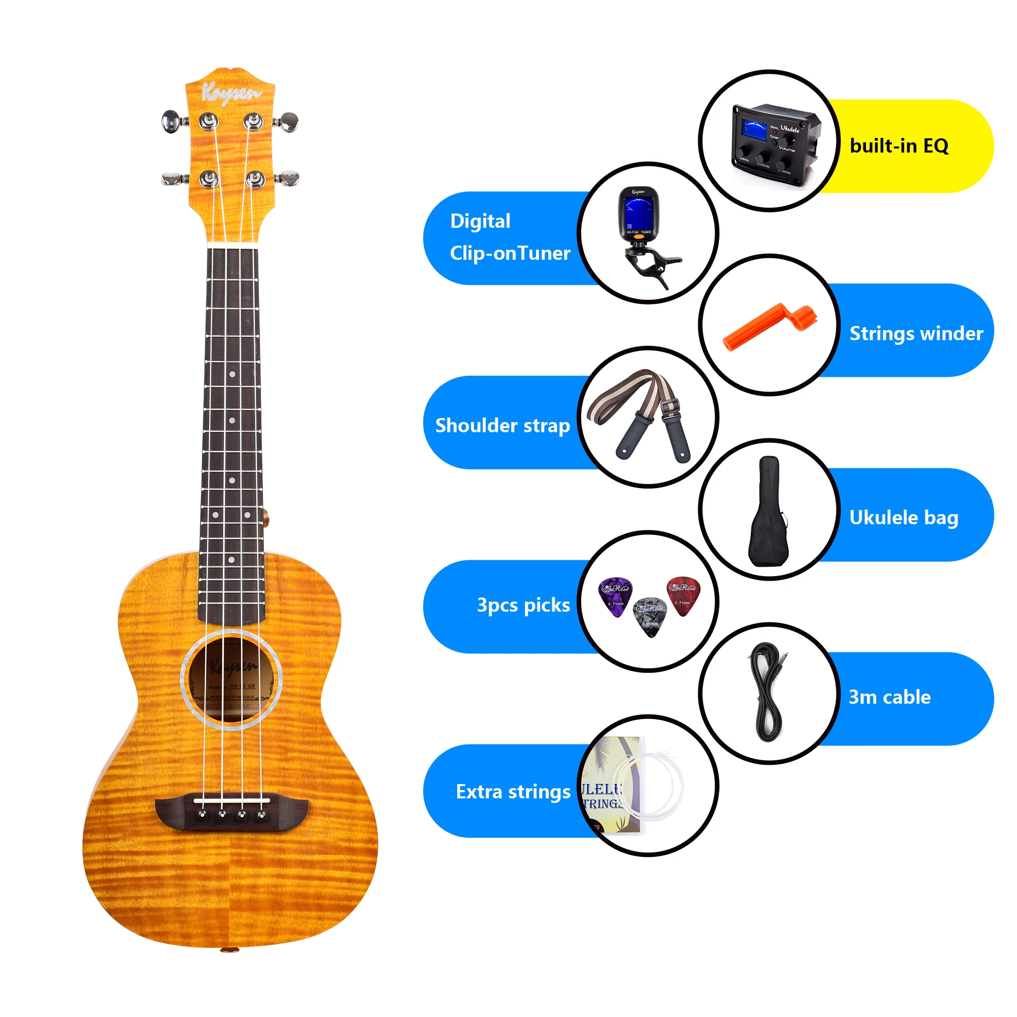 Wholesale kaysen concert 23inch okoume wood electric ukulele set built-in EQ and accessories included