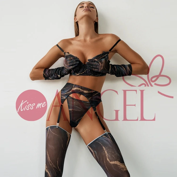 KISS ME ANGEL the best fashion tie-dye mesh perspective deep V neck witn stockings and gloves sexy bra and panty set