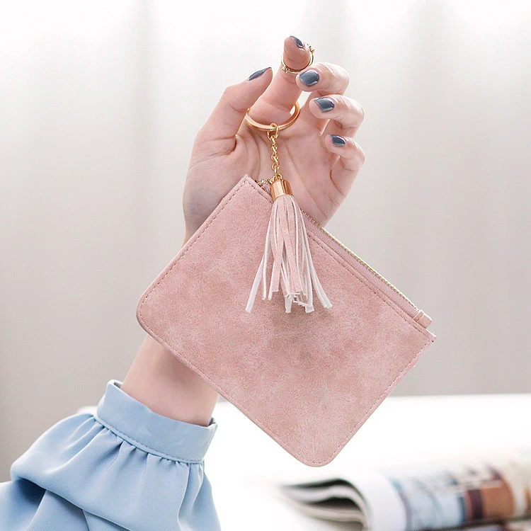 Custom Tassel Keychain Colorful PU Leather Full Grain Thin Leather Wallet For Women