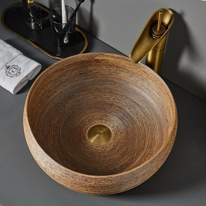 LJ24-066-074 Ceramic Bathroom Vessel Sinks Washbasin Oval Grain Wood Color Bathroom Retro Wash Basin