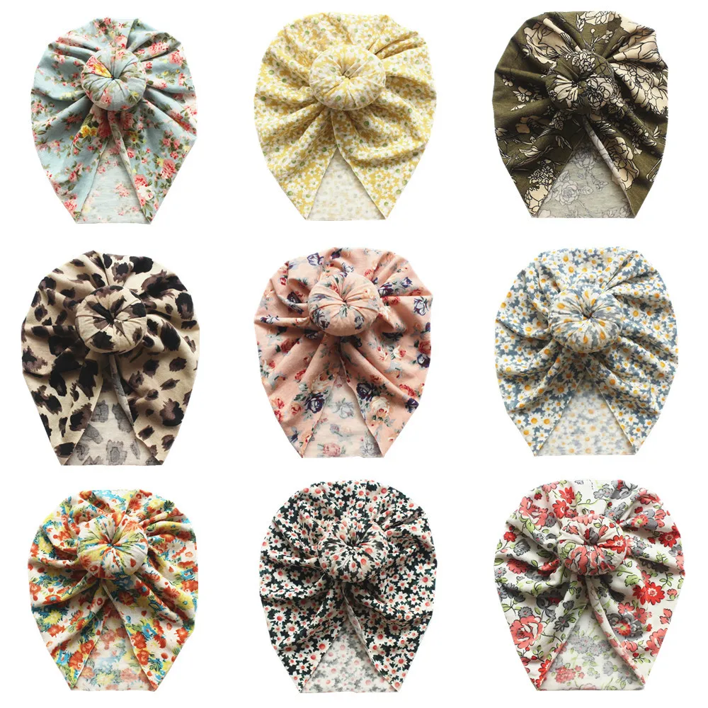 Soft Cotton Multi-color Printed Floral Design Head Accessories Big Bow Elastic Baby Turban Hat with Bowknot Hair Band Fashion