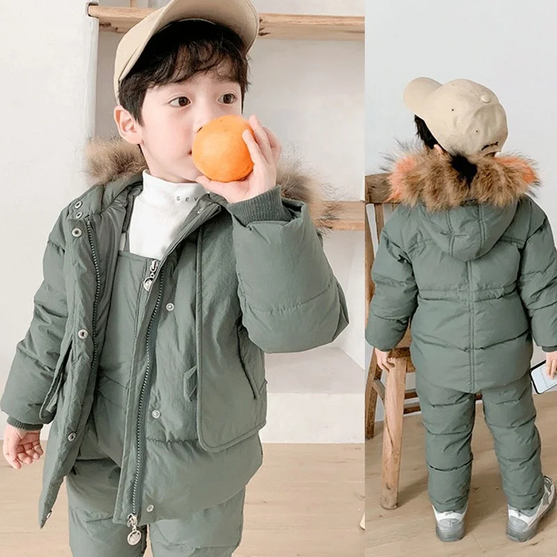 2023 New Winter 2 3 4 6 Years Fur Hooded Jacket+Overalls Suit 2Pcs Duck Down Children Clothing Set for Baby Kids Girls Boys
