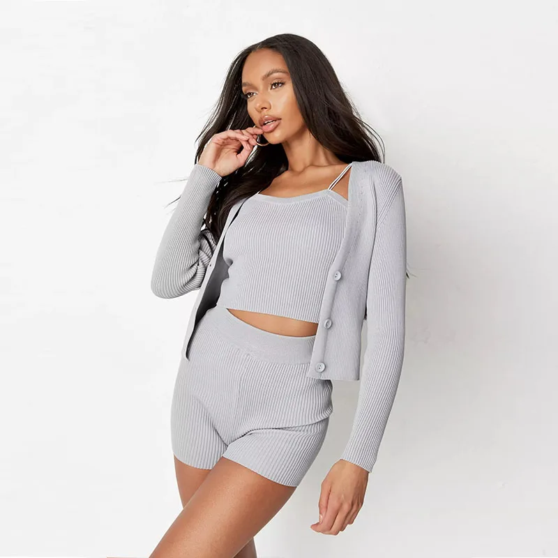 Женские свитера, кардиган, топ в рубчик и шорты, комплект из 3 предметов, женская трикотажная одежда