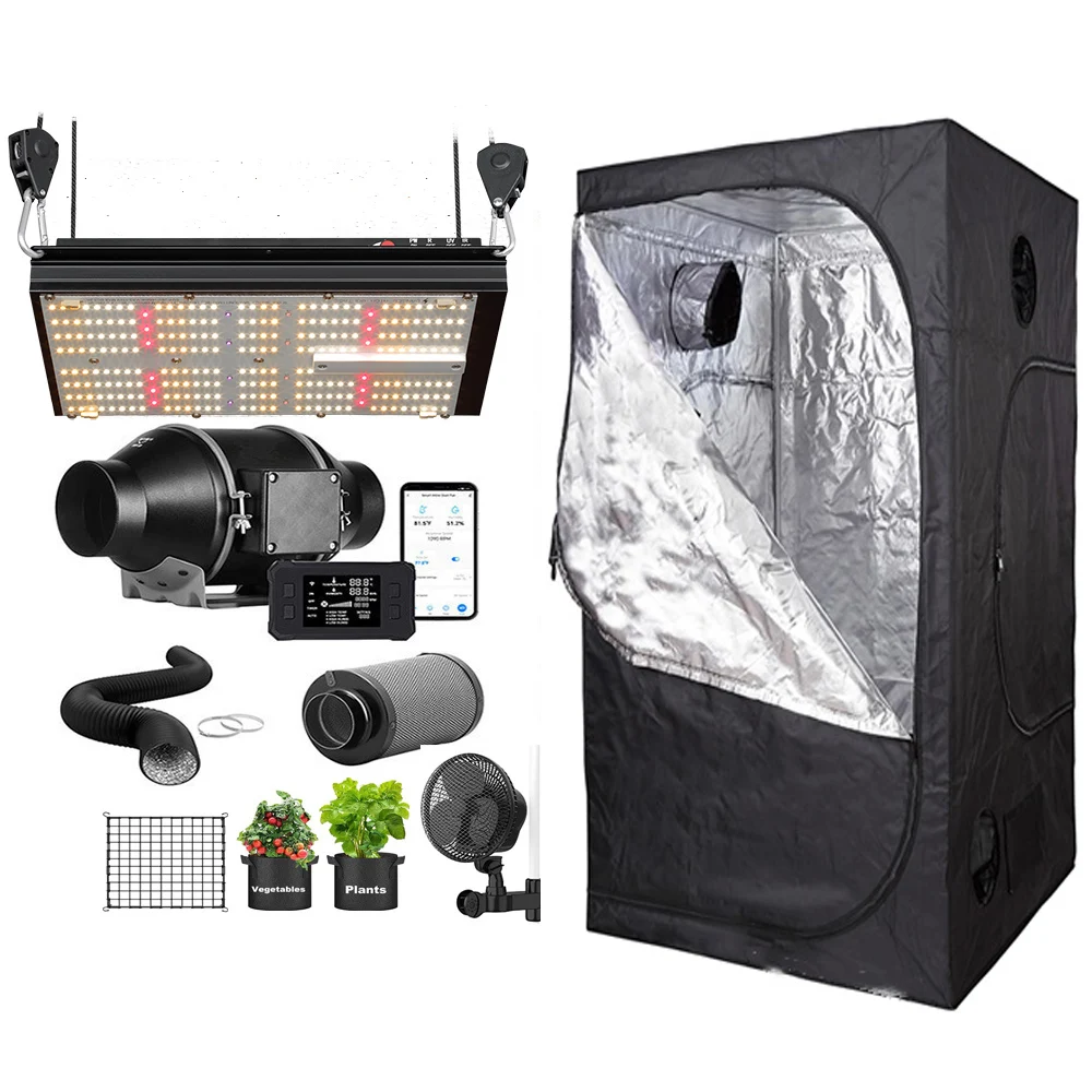BAVA 2*2 Highest Density 600D Diamond Mylar Plant Tent 120W Full Spectrum Grow Light EC Motor In-line Duct Fan Carbon Filter Kit