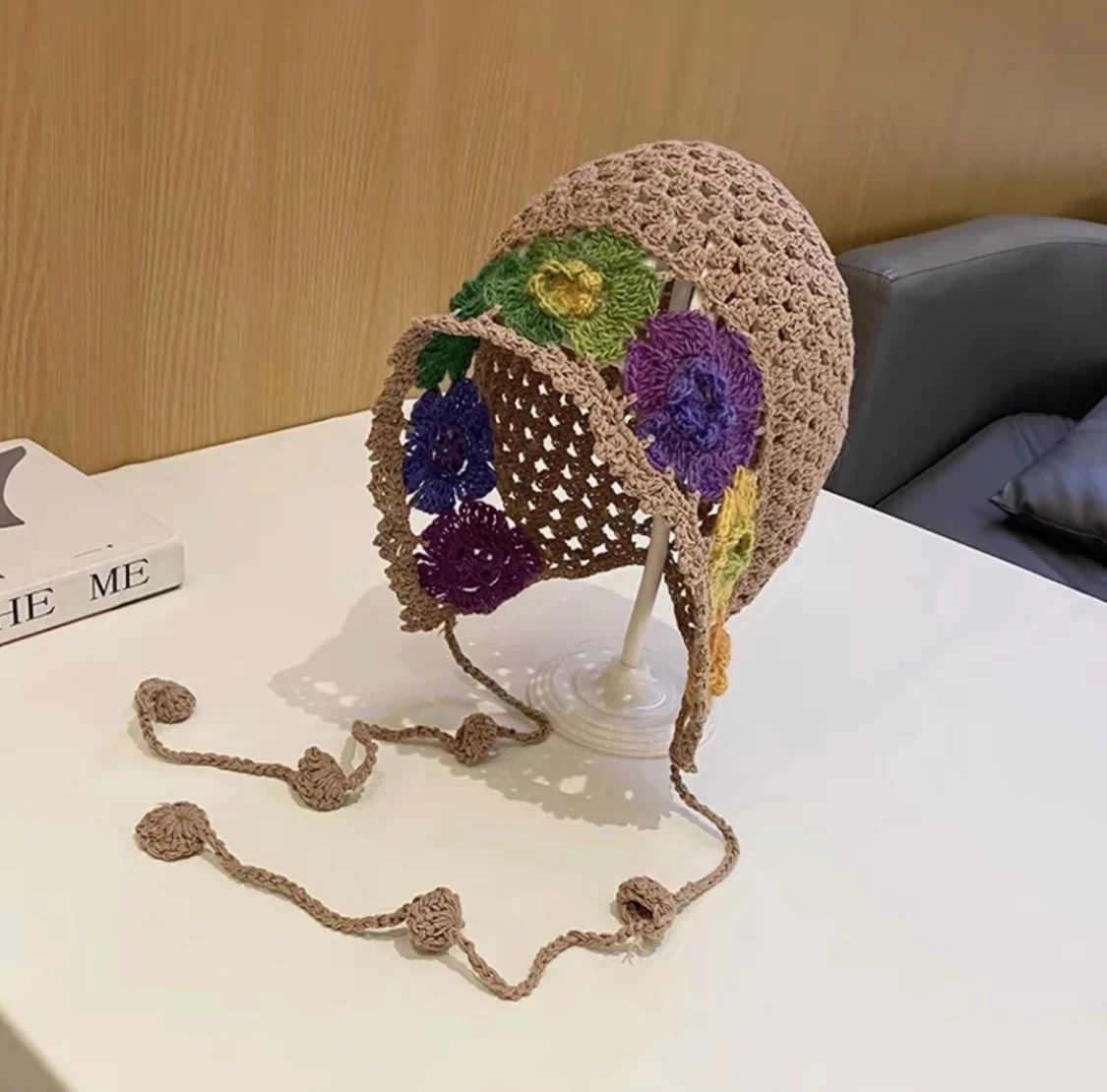 Fashionable Handmade Cotton Knitted Flower Hats Women Beanie Crochet Floral Net Mesh Rasta Hat