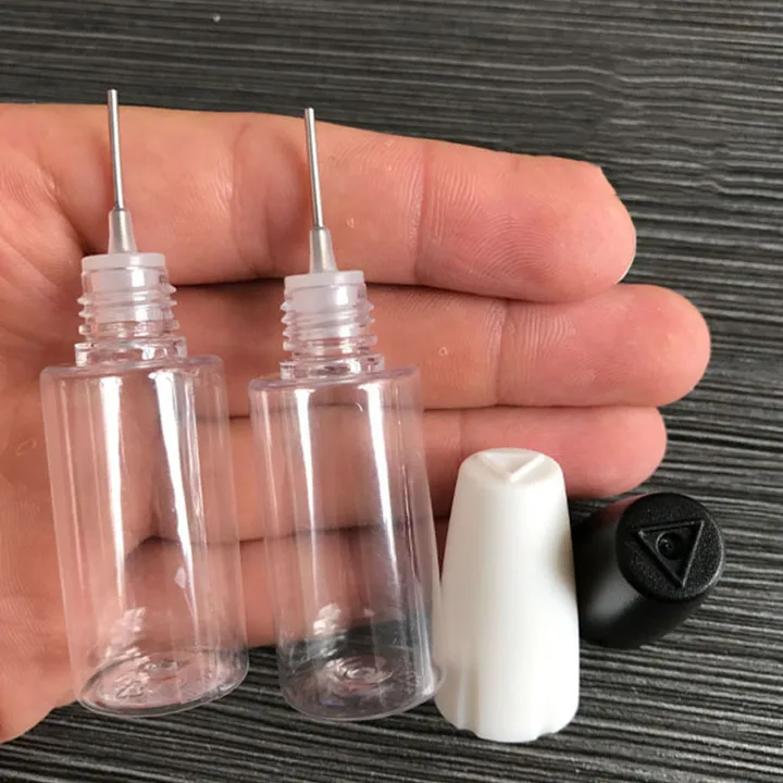 Wholesale long thin needle tip 10ml 15ml pet clear plastic bottles ejuice vape oil bottle with black/white lid