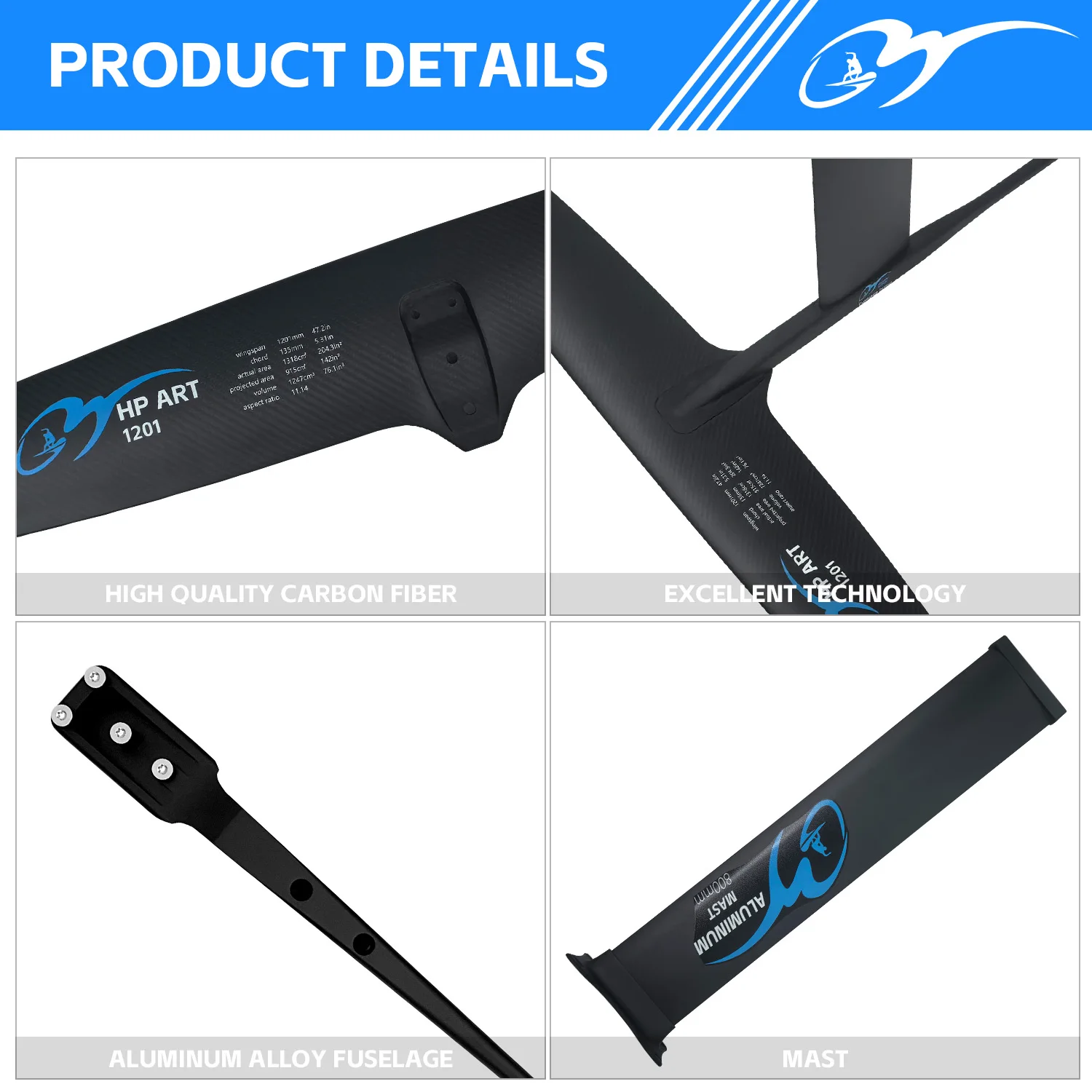 High Performance Light weight  GY 1201 1291sqcm Carbon Fiber foil board Surfing  e foil Water Sports Hydrofoil