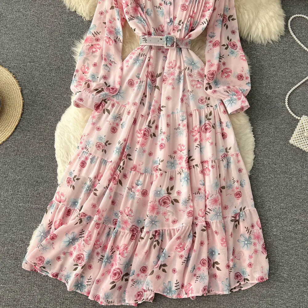 Women Clothes Long Sleeve V-Neck Print A-Line Dress Floral Print Chiffon Ladies Casual Dress