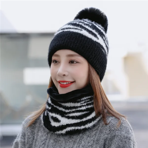 2021 Women Zebra Stripes Knit Winter Beanie Hat with Scarf 2pcs Set